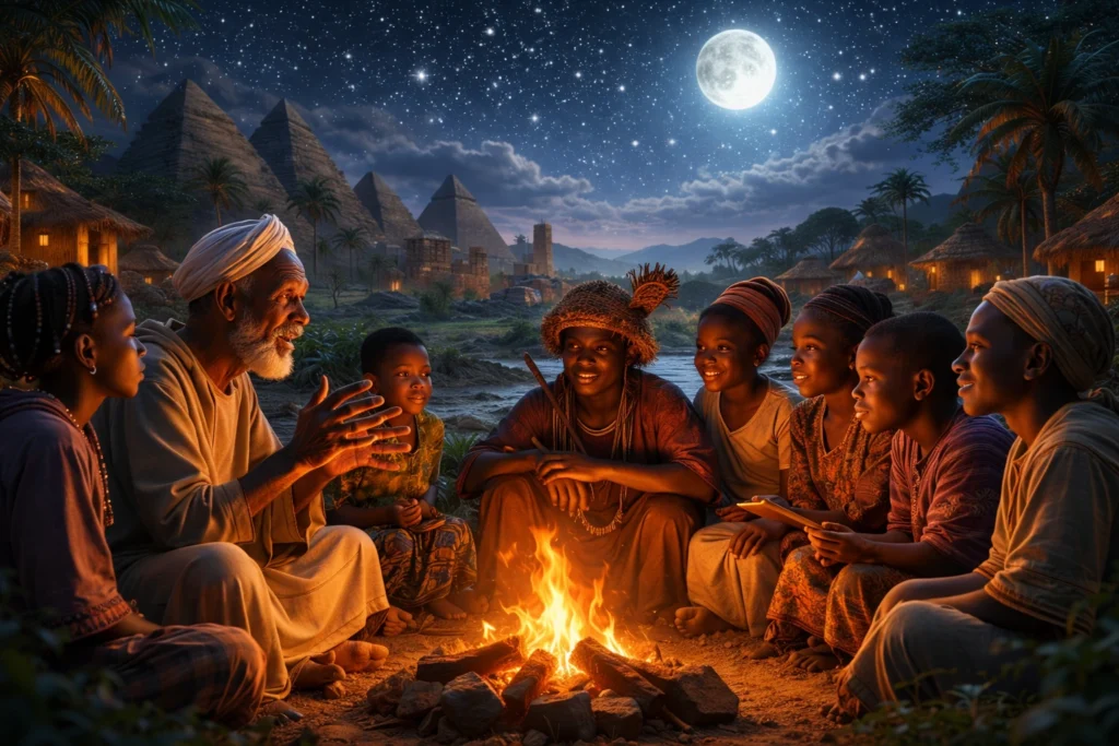 3D illustration of an African elder telling stories to young people around a fire under the moon in a traditional village