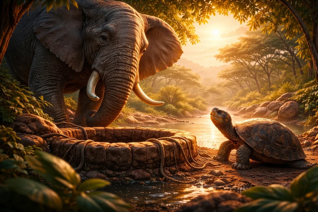 3D illustration of a tortoise facing a large elephant beside a village well in an African setting during sunset
