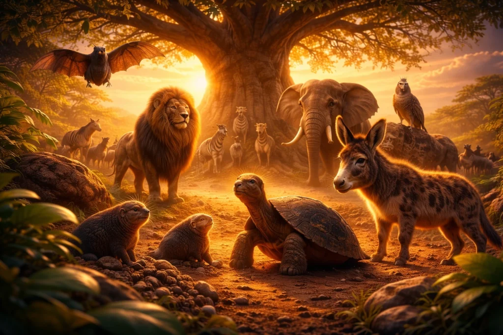 3D illustration of tortoise, mole, donkey, bat, and hyena standing boldly under a baobab tree with lion and elephant in the background