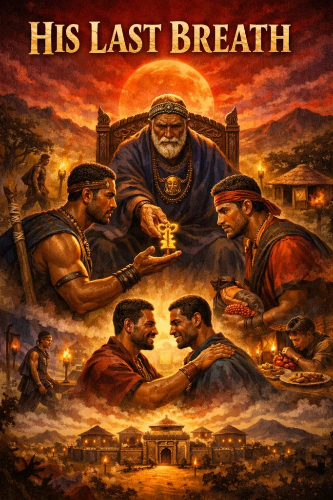 An elderly African patriarch handing a glowing golden key to his obedient son while the other son looks on, symbolizing obedience, inheritance, and redemption