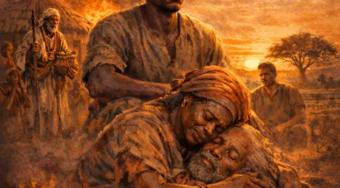 African village scene showing a young man standing strong after tragedy, symbolizing diligence, struggle, and perseverance