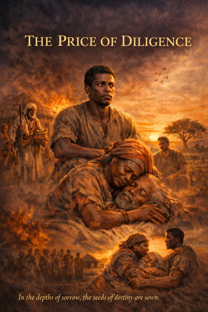 African village scene showing a young man standing strong after tragedy, symbolizing diligence, struggle, and perseverance