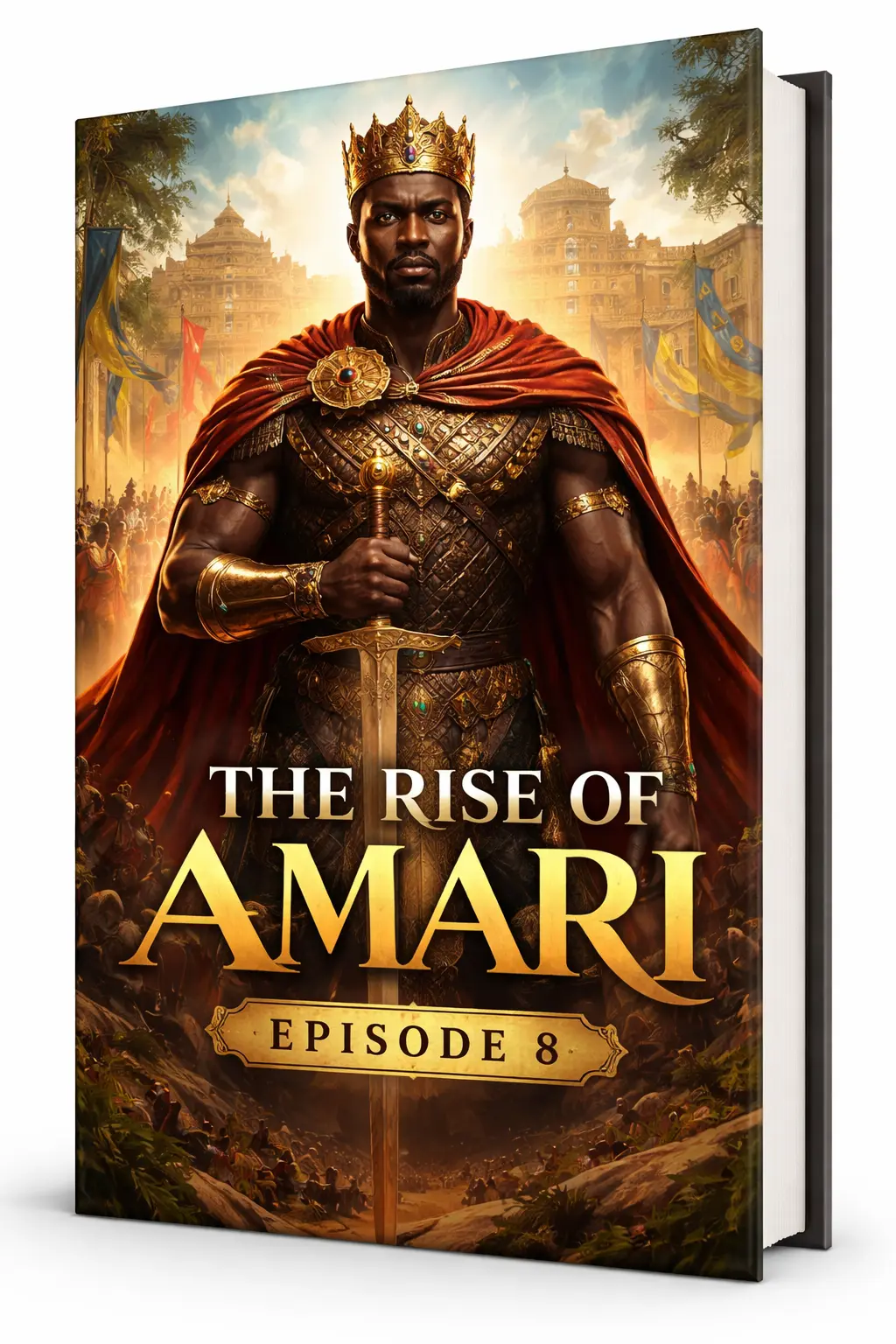 3D cover of The Rise of Amari Episode 8 showing King Amari in royal armor holding a sword before the kingdom of Kafue