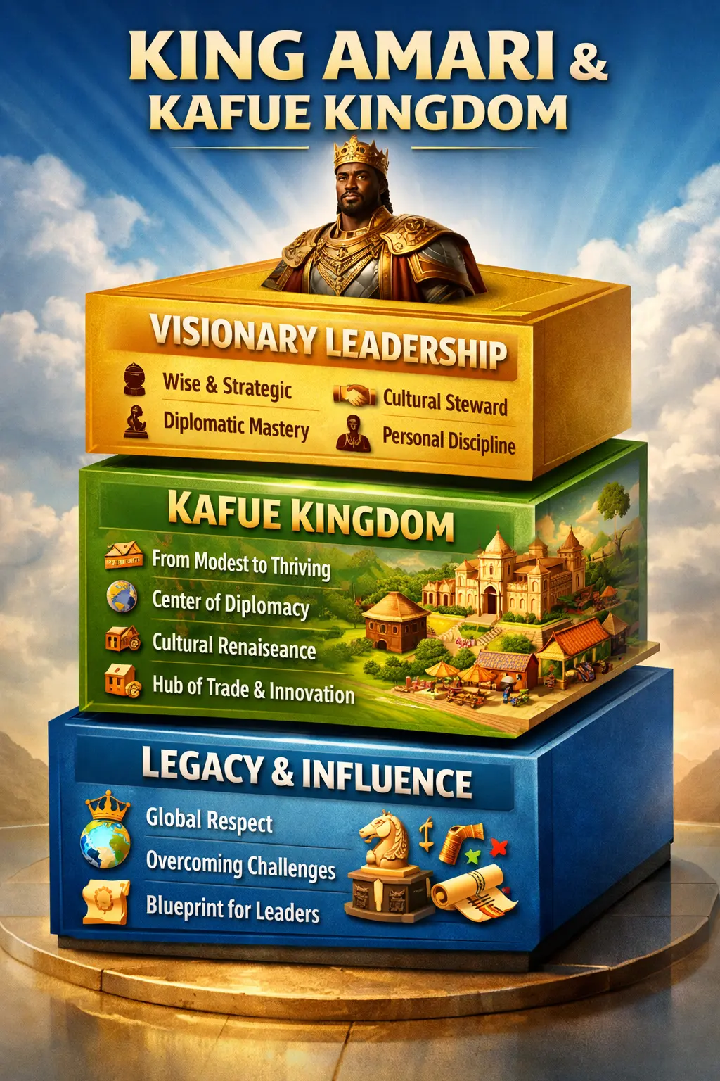 3D infographic of King Amari on a throne above stacked blocks representing Kafue Kingdom’s growth, culture, and global influence.