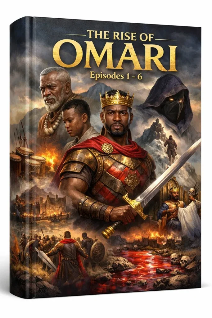 3D book cover of The Rise of Omari showing Omari and key characters from Episodes 1 to 6 in an epic African empire story