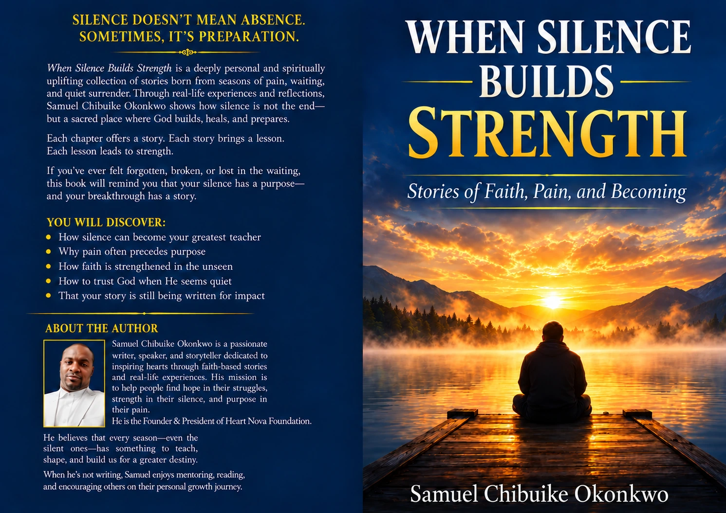 Front and back covers of When Silence Builds Strength by Samuel Chibuike Okonkwo, featuring a person overlooking a lake at sunrise.