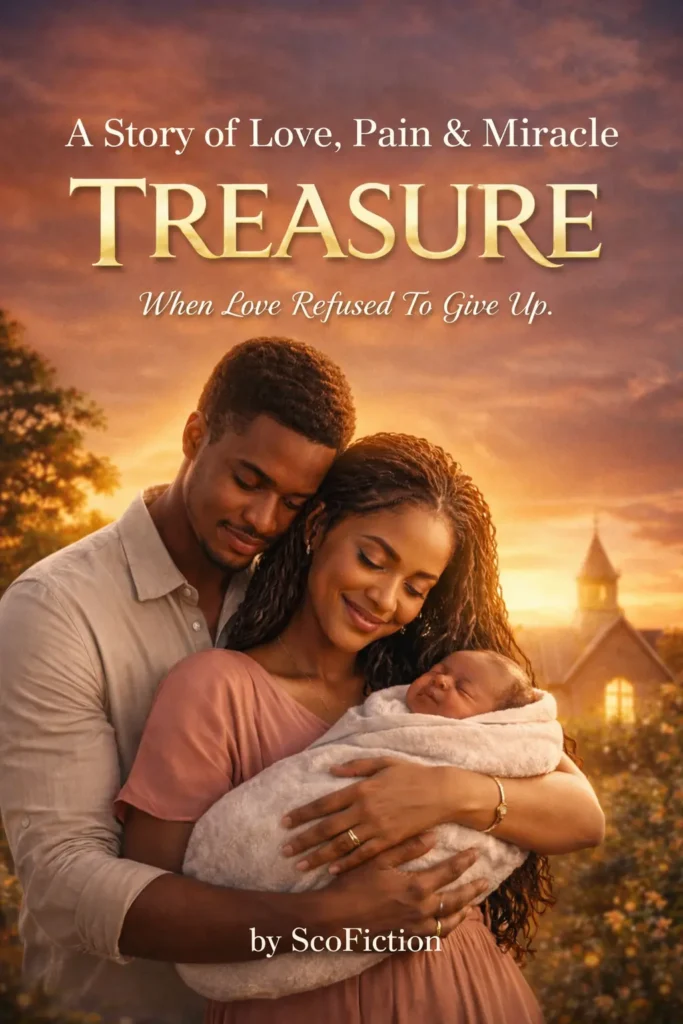 TREASURE drama poster showing African couple holding their baby at sunset with warm golden light, romantic and emotional scene.