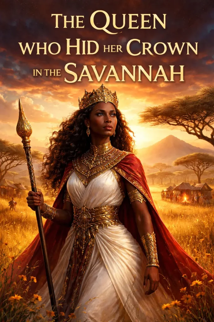 African warrior queen standing in the savannah at sunset in a fictional historical kingdom story