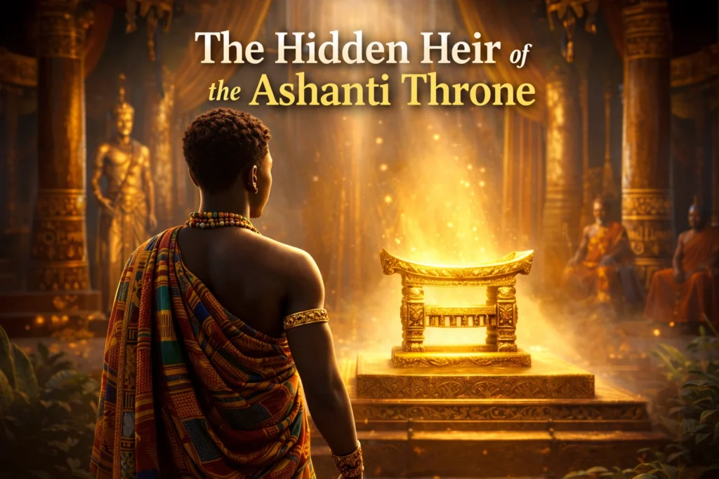Young African prince standing before a glowing golden stool in a royal Ashanti palace