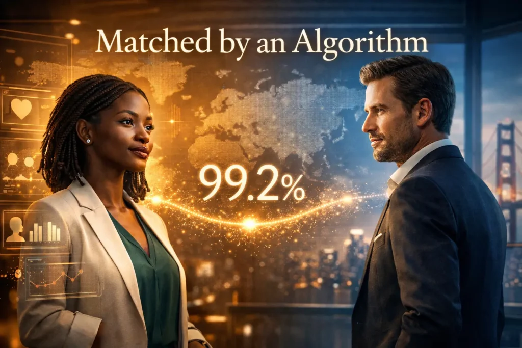 Nigerian AI founder and Silicon Valley CEO connected by glowing compatibility algorithm in cinematic 3D illustration