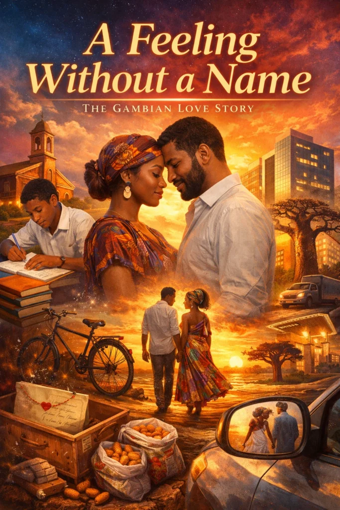 African couple in a romantic sunset scene symbolizing unspoken love, with flashback elements of school life and memories in The Gambia