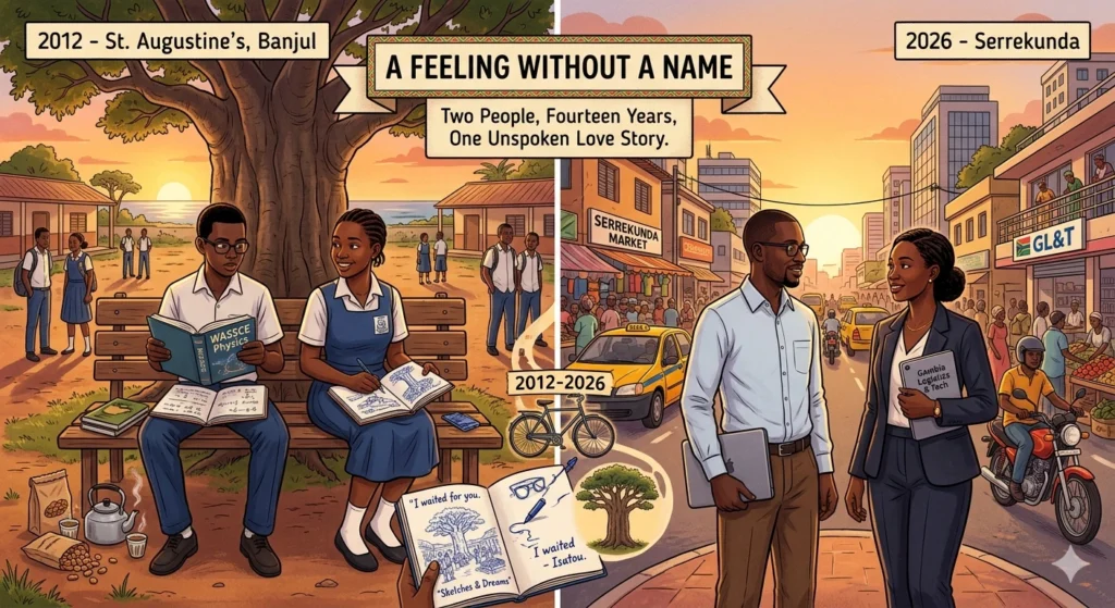 A split-screen digital illustration depicting two Gambian individuals, Moussa and Isatou, at two different stages of life. On the left, they are students in 2012 at St. Augustine’s, Banjul, sitting under a baobab tree with school books. On the right, they are professionals in 2026 in Serrekunda, standing amidst a modern cityscape at sunset.