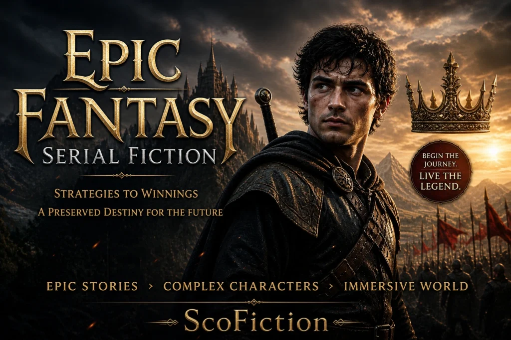 3D fantasy thumbnail showing a warrior in armor with a crown symbol, castle background, and dramatic cinematic lighting for ScoFiction series