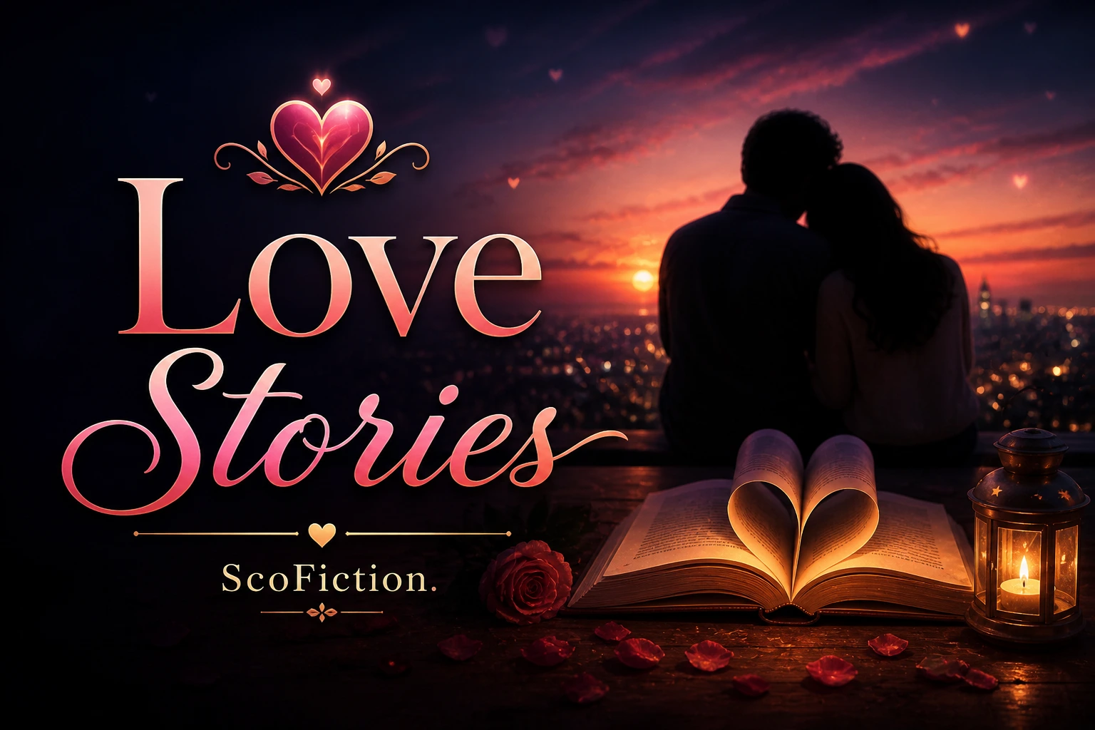 Romantic love stories banner with couple, sunset city view, and ScoFiction branding