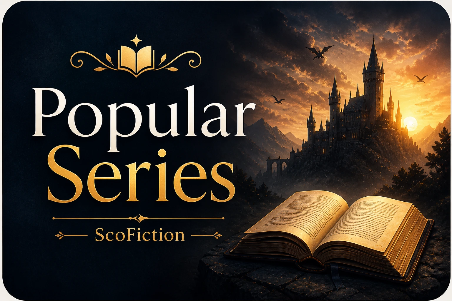 Popular fantasy series banner with castle, open book, and ScoFiction branding