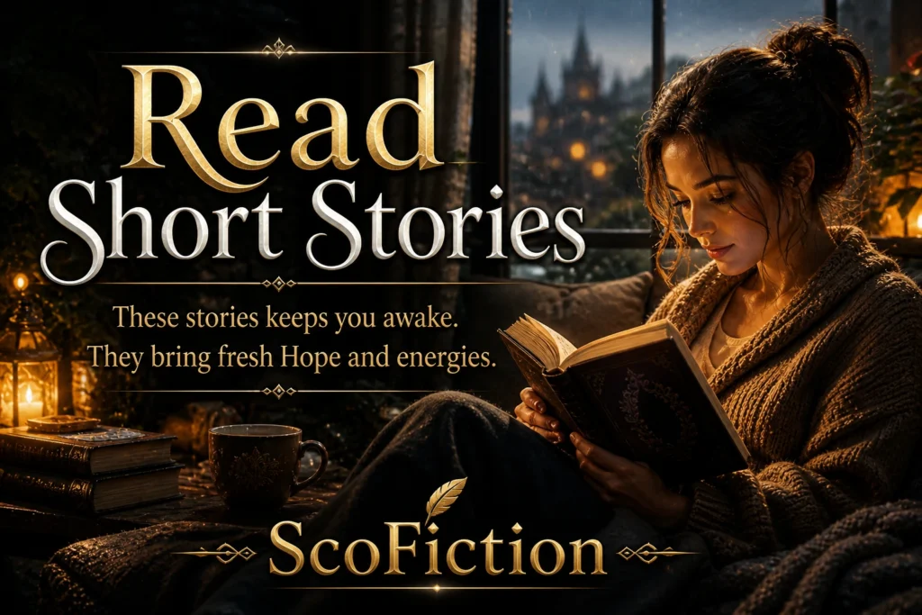 Cozy 3D scene of a woman reading a book by warm light with “Read Short Stories” text and ScoFiction branding