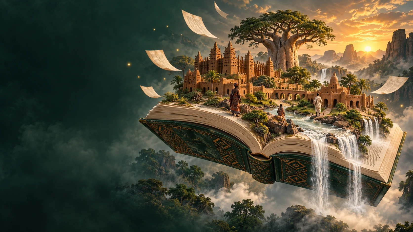 ScoFiction – African Stories Come to Life Floating open book with African-inspired architecture, a baobab tree, and cascading waterfalls beneath a golden sunset.