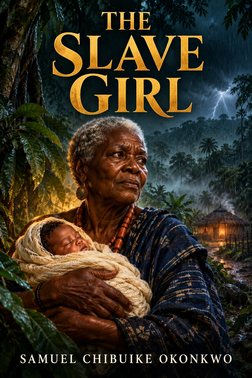 THE SLAVE GIRL by Samuel Chibuike Okonkwo — an elderly African healer cradling a newborn in a mysterious forest